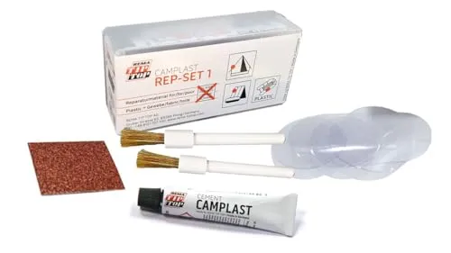 PVC & PU-REPARATURSET CAMPLAST Mini + 2 Pinsel + fishingglue-Produktbeschreibung; Flickzeug für Schlauchboot Zelt Pool Gewebe Planen Markise Isomatte Luftmatratze Vinyl PVC Polyurethan