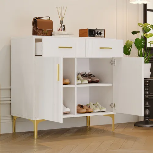MODFU Sideboard mit 2 Schubladen ,Kommode mit 2 Türen,Beistellschrank mit Metallgriffen & Metallfüßen,Weiß