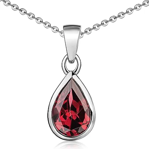 Materia Edelstein Halskette Silber 925 mit Granat - Elegante Damenkette mit tropfenförmigem Granat-Anhänger, gefertigt aus hochwertigem 925 Sterling Silber. Ideal als Geschenk in einer stilvollen Schmuckschachtel.
