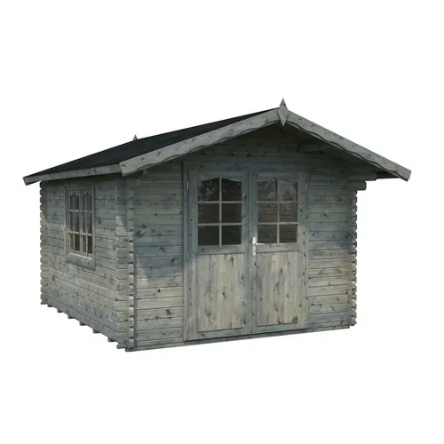 Gartenhaus Palmako Sally 10,2 m² mit Fußboden und Vordach - Hochwertiges Gartenhaus mit Satteldach, ideal für Gartenlagerung und Freizeit, aus robustem Holz in stilvollem Grau.