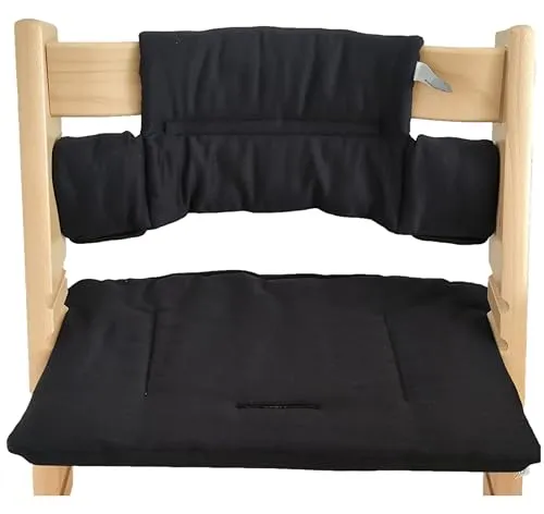 Kadem® Sitzkissen 100% Bio Baumwolle | Classic Kissen Sitzbezug Hochstuhlauflage | 2-teilig passend für Stokke Tripp Trapp Kinderhochstuhl | maschinenwaschbar einfache schnelle Befestigung | schwarz