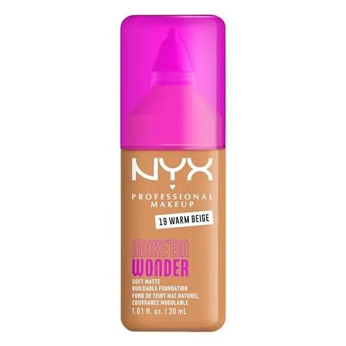 NYX Professional Makeup Make 'EM Wonder Foundation, 24H Soft Matte Aufbaubare Foundation, Mit hoher Deckkraft, Mattes Finish, 19 Warm Beige