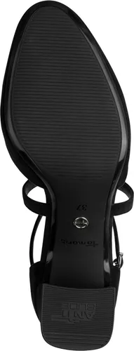 Tamaris Damen Pumps 1-22438-46, Schwarz, Größe 38 EU - Elegante offene Pumps mit gekreuzten Riemen und Blockabsatz für sicheren Halt. Das gepolsterte Fußbett sorgt für hohen Tragekomfort, ideal für Business und Freizeit.