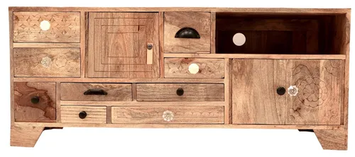 Indischesmoebelhausde Lowboard Fernsehtisch Manu 120x50x45 aus Mangoholz - Handgefertigter Fernsehtisch aus hochwertigem Mangoholz. Jedes Stück ist ein Unikat und bietet durch seine natürliche Beschaffenheit eine warme Ausstrahlung. Ideal für Ihr Wohnzimmer und perfekt für den täglichen Einsatz.