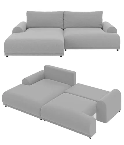 Modernes Ecksofa mit breiter Ottomane links, ausziehbare Schlaffunktion Gästebett inkl. Bettkasten, Wellenunterfederung, B240/T145/H81 cm, Liegefläche 130x196 cm, Chenille Hellgrau / 21026