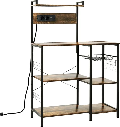 HOMCOM Küchenregal, Mikrowellenschrank, Küchenregal im Industriestil mit Steckdose, USB-Ladegerät, Ablagen, 5 Haken und Drahtkorb, 90 x 42 x 130 cm, Rustikales Braun