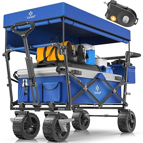 KESSER Bollerwagen faltbar GT9000 - Handwagen mit abnehmbarem Dach, bis 80 kg Tragkraft, inkl. 2x 3-Punkt Gurtsystem und Vollgummi-Reifen