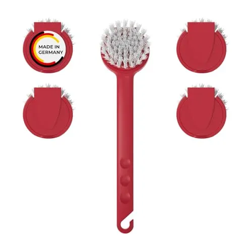 Rival 6er Set Spülbürste Euro-Line mit 5 Wechselköpfen rot – ergonomische Spülbürste mit PBT-Borsten – runde Geschirrbürste für die Küche – Spülbürsten Set – auswechselbare Bürstenköpfe