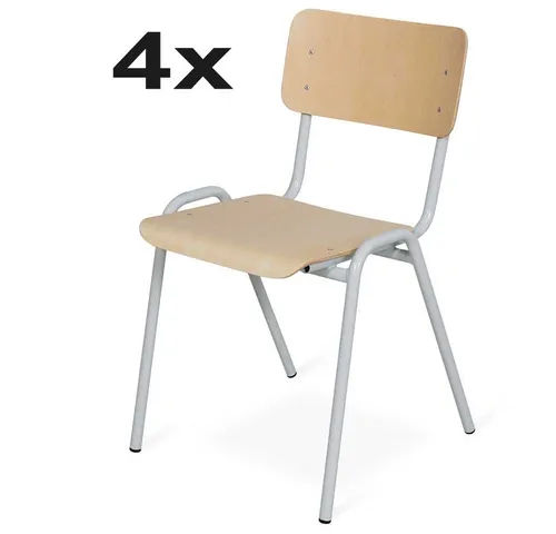 BRB Stapelstuhl-Set 4-teilig, lichtgrau - Stapelbare Stühle für Pausenräume und Kantinen, mit robustem Buchen-Schichtholz und kunststoffbeschichtetem Stahlrohrgestell, belastbar bis 99 kg.