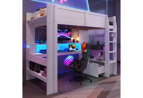 Odikalo Hochbett Kinderbett Holzbett Schreibtisch Schublade Regale 90/140x200cm Weiß