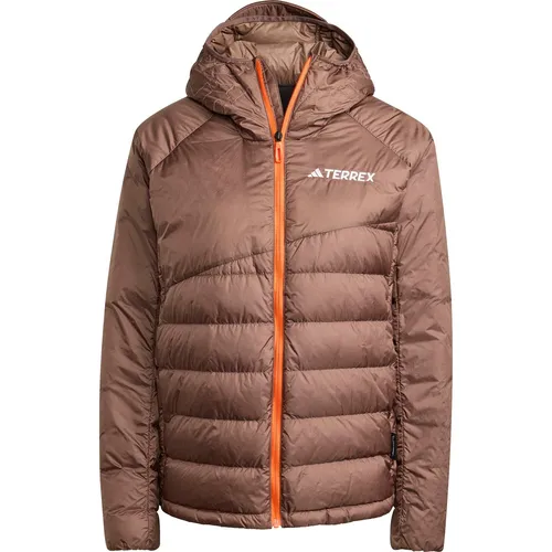 adidas Terrex Damen Xperior Climawarm Down Hooded Jacke - Größe S, braun - Daunenjacke für Damen, warm und wasserabweisend, perfekt für winterliche Touren und Outdoor-Abenteuer.
