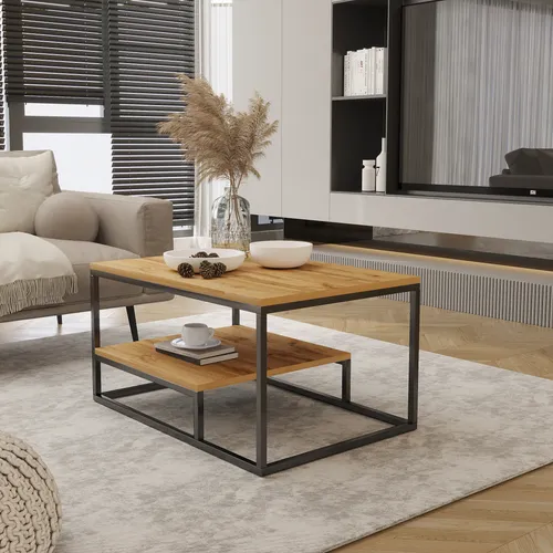 Moderner Couchtisch mit Ablage – Design Möbel, 90x60x48 cm - Stilvoller Couchtisch mit pulverbeschichtetem Stahlgestell in Mattschwarz und robuster Eiche Wotan Tischplatte. Praktische Ablage für mehr Ordnung und Funktionalität in Ihrem Wohnzimmer.