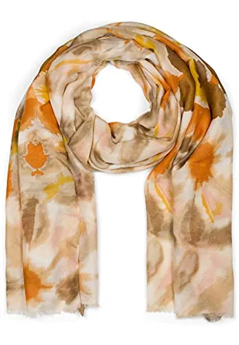styleBREAKER Damen Schal mit buntem Batik Blumen Muster und kurzen Fransen, leichtes Tuch, Stola 01016212, Farbe:Orange-Beige