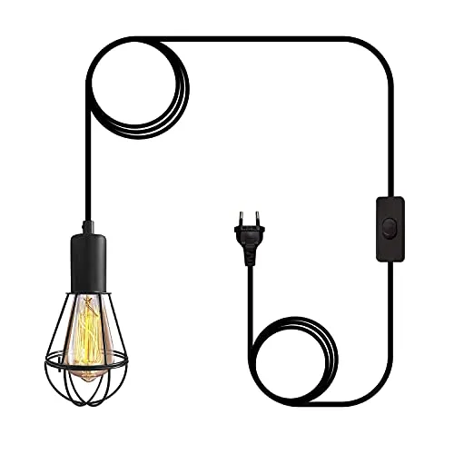 Crzpchas Retro Hängelampe mit stecker Vintage Lampenschirm Pendellampe mit 600cm Kabel Schalter E27 Lampenfassung mit Schalter Schwarz Küchenlampe Metal Cage Pendelleuchte für Garage