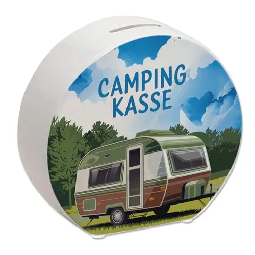 Wohnwagen auf Feld - Camping Kasse Spardose Wohnmobil Illustration im Aquarellstil Farben Perfekte Camper Campingplatz