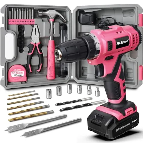 Hi-Spec 30-tlg. Frauen Werkzeugkoffer mit 12V pinkem Akkuschrauber, Hammer und Schraubenziehern – Werkzuegset für Haushalt, Garten & Hobby