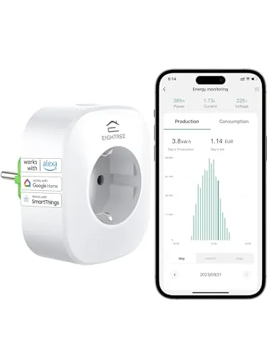 EIGHTREE Smart WLAN Steckdose mit Strommessung - Smart & Ferngesteuerte Stecker mit präzisem Chip für über 97% Genauigkeit, ideal zur Überwachung von Balkonkraftwerken und zur Senkung Ihrer Stromkosten.