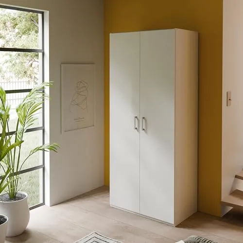 Forte ECONOBOX 2 Kleiderschrank 90 - Klassischer Drehtürenschrank in Weiß - Eleganter Drehtürenschrank mit kompakten Abmessungen. Ideal für platzsparende Lösungen in Schlafzimmern oder Fluren. Einfache Montage mit sämtlichem Zubehör.