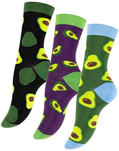 Vincent Creation 3 Paar Bunte Lustige Socken, Damen & Herren Fun Socks, Witzige Strümpfe, Verrückte Socken Modische Oddsocks Mehrfarbig als Geschenk, Einheitsgrösse (36-40, Avocados)