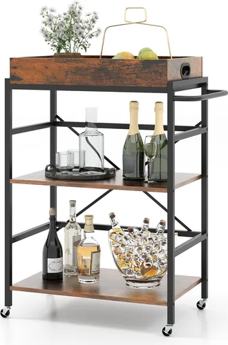 GOPLUS 3-stufiger Küchenwagen mit abnehmbarem Tablett und Rollen - Vielseitiger Küchenwagen mit 3 offenen Ablageflächen und abnehmbarem Tablett. Ideal für die Aufbewahrung und den Transport von Speisen und Getränken. Robuste Bauweise und industrielles Design für jede Umgebung.