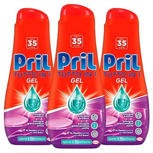 Pril All-in-1 Reinigungsgel für die Spülmaschine, Hygiene & Frische, Multi-Action gegen hartnäckigen Schmutz, 0 % Rückstände, Formel für niedrige Temperaturen und kurze Zyklen – 3 Flaschen à 630 ml