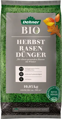 Dehner Bio Herbstrasendünger mit Regenwurmhumus - Rasendünger für gesunden Rasen im Herbst, mit Langzeitwirkung und natürlichen Inhaltsstoffen für optimale Frostbeständigkeit und Widerstandskraft.