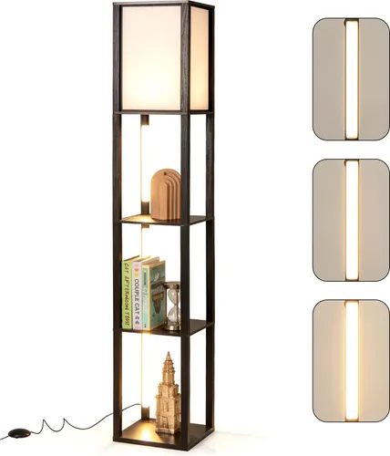 COSTWAY Stehlampe 163 cm mit Regalen und LED-Streifen - Moderne Stehlampe mit 3 Regalen und 3-stufig einstellbarer Helligkeit. Ideal zum Präsentieren von Deko und für stimmungsvolle Beleuchtung im Wohnzimmer, Schlafzimmer oder Büro.