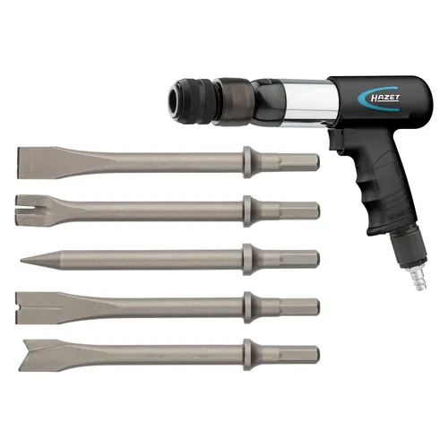 Hazet 9035H/6 Druckluft-Meißelhammer - Bohrmaschinen mit 6-teiligem Meißel-Hammer-Satz, ideal zum Austrennen von Karosserieblechen. Hohe Schlagzahl bis 2600/min und kälteisolierender Griff für komfortables Arbeiten.
