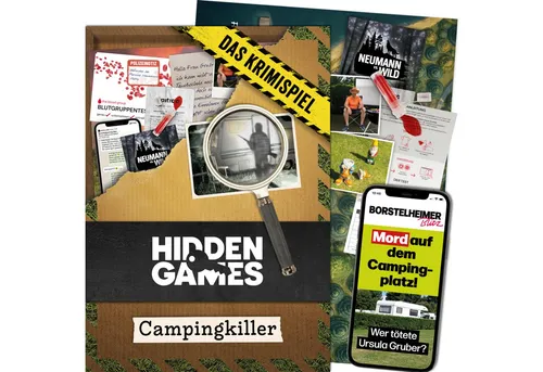 Hidden Games Tatort Spiel Campingkiller - Familienspiel und Detektivspiel, spannendes Escape Room Erlebnis für 1-6 Spieler, Made in Germany