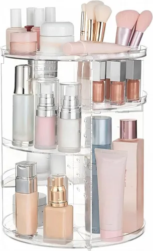 360° Drehbarer Make-up-Organizer – Transparenter Kosmetikständer für Schminktisch und Badezimmer - Entdecken Sie den 360° drehbaren Make-up-Organizer mit anpassbaren Ebenen. Ideal für schnelle Zugänglichkeit und Ordnung Ihrer Kosmetikartikel. Hergestellt aus hochwertigem Acryl für Stabilität und Eleganz.