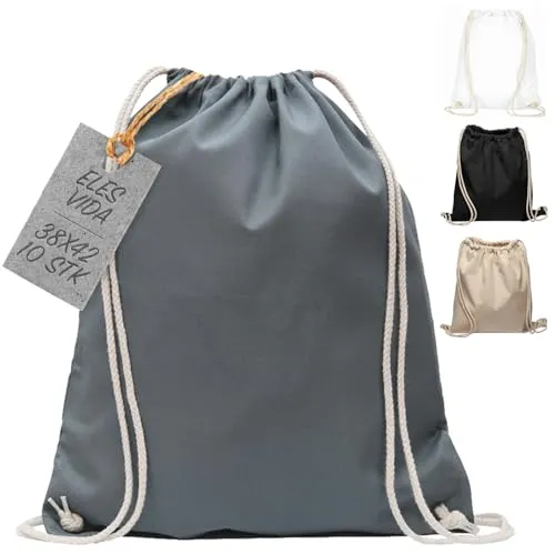 Baumwollbeutel 10 Stück 38x42cm Sportbeutel - Rucksack Stofftasche Turnbeutel Bag, Beutel, Baumwollbeutel, Jutebeutel OEKO-TEX® zertifiziert Stoffbeutel Einkaufsbeutel Gym zum bemalen (Stahlgrau)