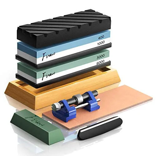 Schleifstein Set, Finew Prämie Wetzstein Doppelseitig 400/1000 3000/8000 Grit, Abziehstein für Messer, mit Rutschfeste Bambusbasis, Flachstein, Winkelführung, Lederstreifen, Poliermasse, Honführung