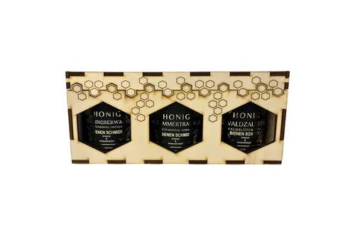 BIENEN SCHMIDT Honig 3er Holzgeschenkset mit 250g Honiggläsern in 3 Sorten, (Spar-Set), inkl. Gravur 