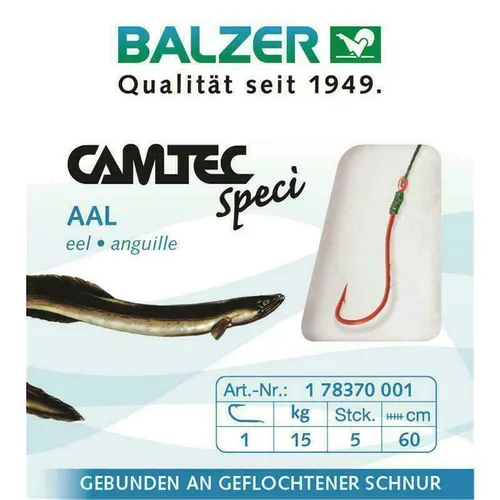 Balzer Camtec Speci Haken Aal rot Aalhaken gebunden an geflochtener Schnur Gr. 1