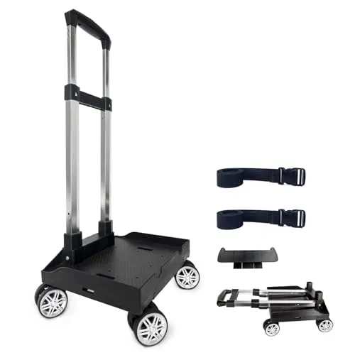 HapBoby Rucksack Trolley Rollwagen, Faltbare Aluminiumlegierung Handkarre mit Randbasis, 4 Räder, Gepäckwagen mit Gepäckgurt für Kinder, Jugendliche, Erwachsene, Schule, Reisen, Black-L08