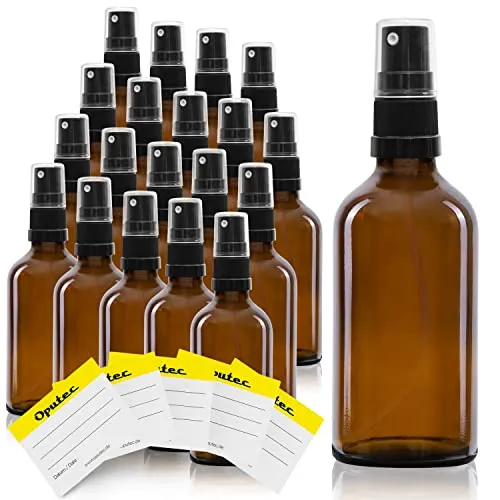 Oputec 20 x 50 ml Sprühflaschen aus Glas mit Zerstäuber - Nachfüllbare Kosmetik-Sprühflaschen mit hygienischem Sprühkopf, ideal für unterwegs. Dicht und geruchsneutral, einfach in der Spülmaschine reinigbar.
