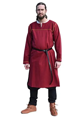 Battle-Merchant - Wikinger Tunika Ove - Baumwoll Hemd mit Fischgrätmuster - Mittelalter Gewandung für LARP (Weinrot/XL)