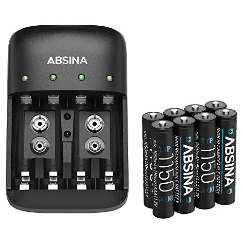 ABSINA Akku Ladegerät Set mit 8x AAA 1150 Akkus - Ladegerät für Haushaltsbatterien, ermöglicht das gleichzeitige Laden von bis zu 4 Akkus, inkl. innovativer Funktionen wie Einzelschachtüberwachung und Schnellladung in nur 2 Stunden.