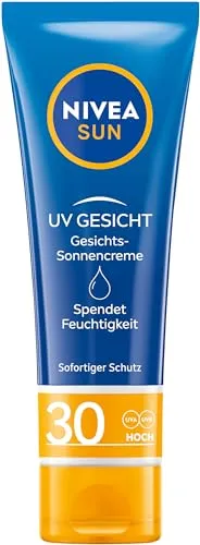 NIVEA SUN UV Gesicht Gesichts-Sonnencreme mit LSF 30 - Sonnenschutzmittel für Gesicht, Hals & Dekolleté mit sofortigem LSF 30 Schutz, 24h Feuchtigkeitspflege und umweltfreundlicher Verpackung – ideal für strahlende, geschützte Haut.