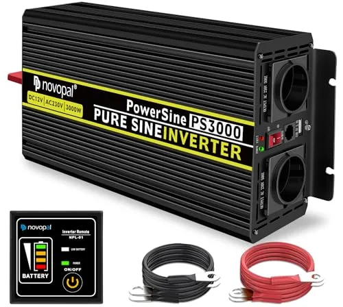 NOVOPAL 3000W Wechselrichter 12V auf 230V Reiner Sinus Spannungswandler Power Inverter mit 5M Fernbedienung und 2.4A USB Anschlüsse für Wohnmobil Auto Camping