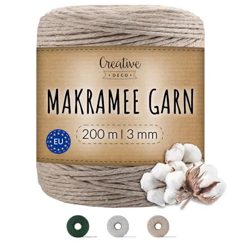 Creative Deco 200m Dunkel-Beige Makramee Garn 3mm | 656 Fuß | 15-lagig Schnur | Baumwollgarn Baumwoll Kordel Große Rolle Naturliche Stark | Macrame Cord 3mm für Basteln, DIY, Handwerk & Boho Deko