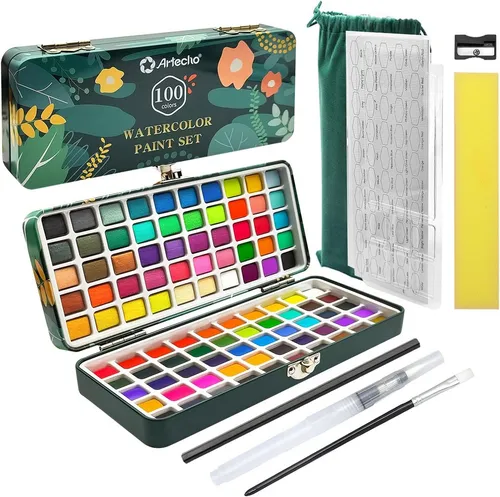 Artecho Aquarellfarben Set - 100 Farben mit Pinseln & Zubehör für kreative Köpfe - VIELFALT FÜR KREATIVITÄT: Dieses Set bietet 100 lebendige Aquarellfarben in hoher Qualität, ideal für Künstler und Hobbymaler. Praktisches Zubehör und eine handliche Metallbox machen es perfekt für Zuhause und unterwegs.