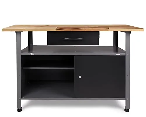 Ondis24 Montagewerkbank Klaus 120 cm - Robuste Werkbank aus Metall mit abschließbarem Schrank und höhenverstellbaren Füßen. Ideal für Werkstätten, belastbar bis 380 kg und FSC-zertifizierte Buchenplatte.