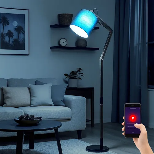 Holz Stehleuchte Textil Gelenkleuchte mit RGB Farbwechsel - Moderne Stehlampe aus Holz und Textil, flexibel mit 2 Gelenken. Steuerung per App oder Sprachbefehl, inklusive Smart RGB LED Leuchtmittel für individuelle Lichtstimmungen.