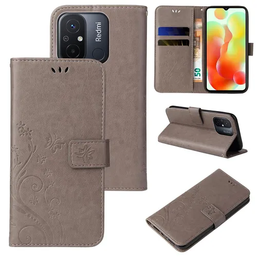 Handyhülle für Xiaomi Redmi 12C Cover Klapp Case Tasche Blume Schmetterling Grau