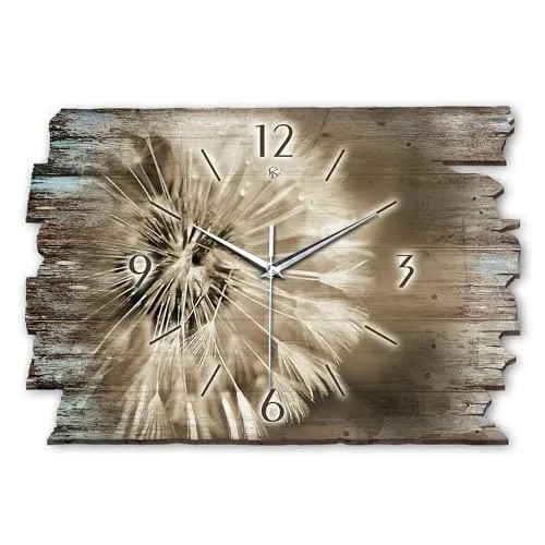 Kreative Feder Designer Wanduhr „Pusteblume“ aus Holz 40x27cm im Shabby Style Design - Designeruhr mit flüsterleisem Uhrwerk ohne Ticken (Pusteblume, leises Quarzuhrwerk)