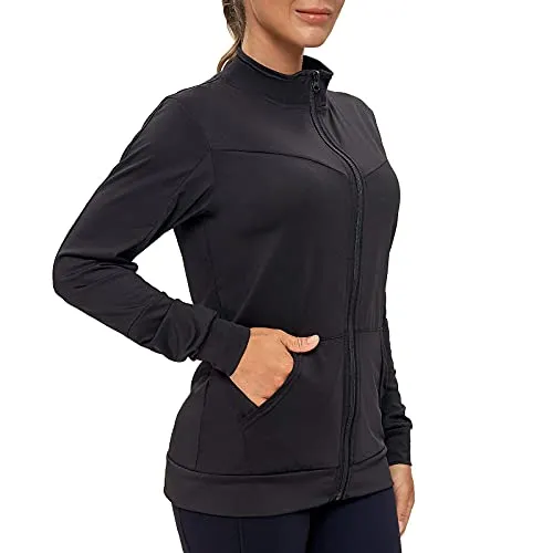 AMZSPORT Damen Laufjacke Sportjacke Langarm Trainingsjacke Sweatjacke mit Tasche Für Fitness Yoga, Schwarz L