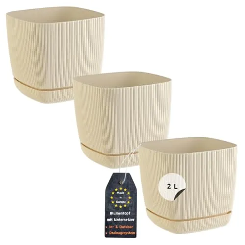Engelland - 3 x Blumentopf mit Drainagesystem, Untersetzer, Farbe: Beige, Rillenoptik, Pflanz-Topf, Kübel, modern, Kunststoff, quadratisch, 15 x 15 cm, 2 Liter