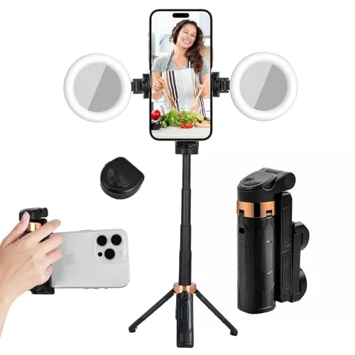 Mini 360° Handy Stativ mit Fernbedienung - Kompaktes 3-in-1 Handy Stativ für Selfies, Vlogs und mehr. 360° drehbar, abnehmbare Fernbedienung und zwei Fülllichter sorgen für kreative Aufnahmen. Ideal für Reisen und Outdoor-Aktivitäten.