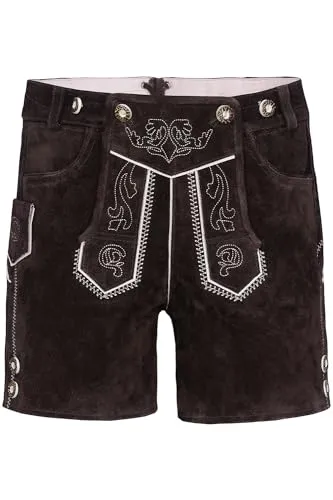 Bayerische Kinder Trachten-Leder Hose - Kurz und Kniefrei für Jungen - Trachtenlederhose aus dunkelbraunem Rindsveloursleder, widerstandsfähig und anpassbar durch Schnürung. Ideal für aktive Jungen, mit praktischen Taschen und stilvollen Trachtenstickereien.